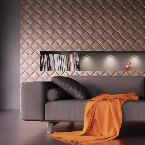 Model Wicker - 3D Gypsum Wall Panels
in the modern living room, behind a sleek sofa | DecorMania UK